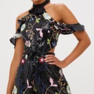 NWT Pretty Little Thing Cold Shoulder Floral Embroidered Sequin Romper, Black